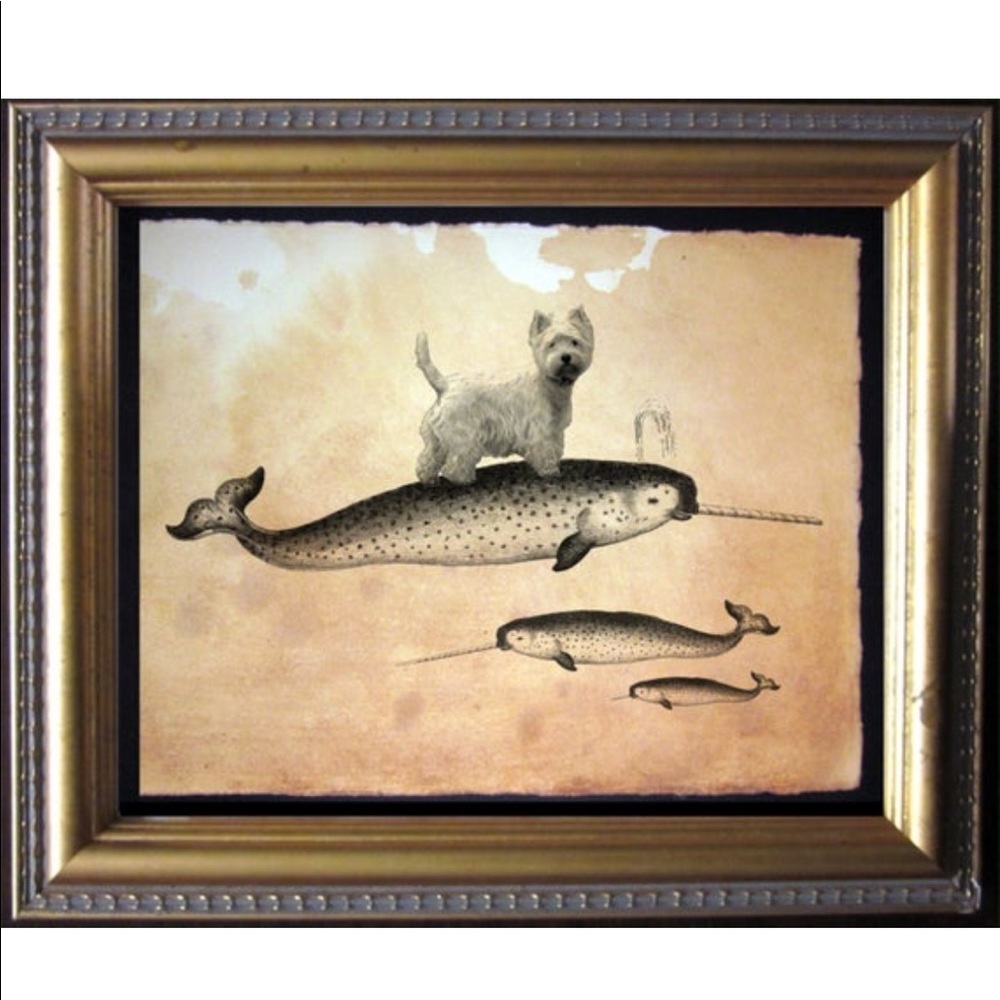 Westie Dog Riding Narwhal Art Print Tea Stained